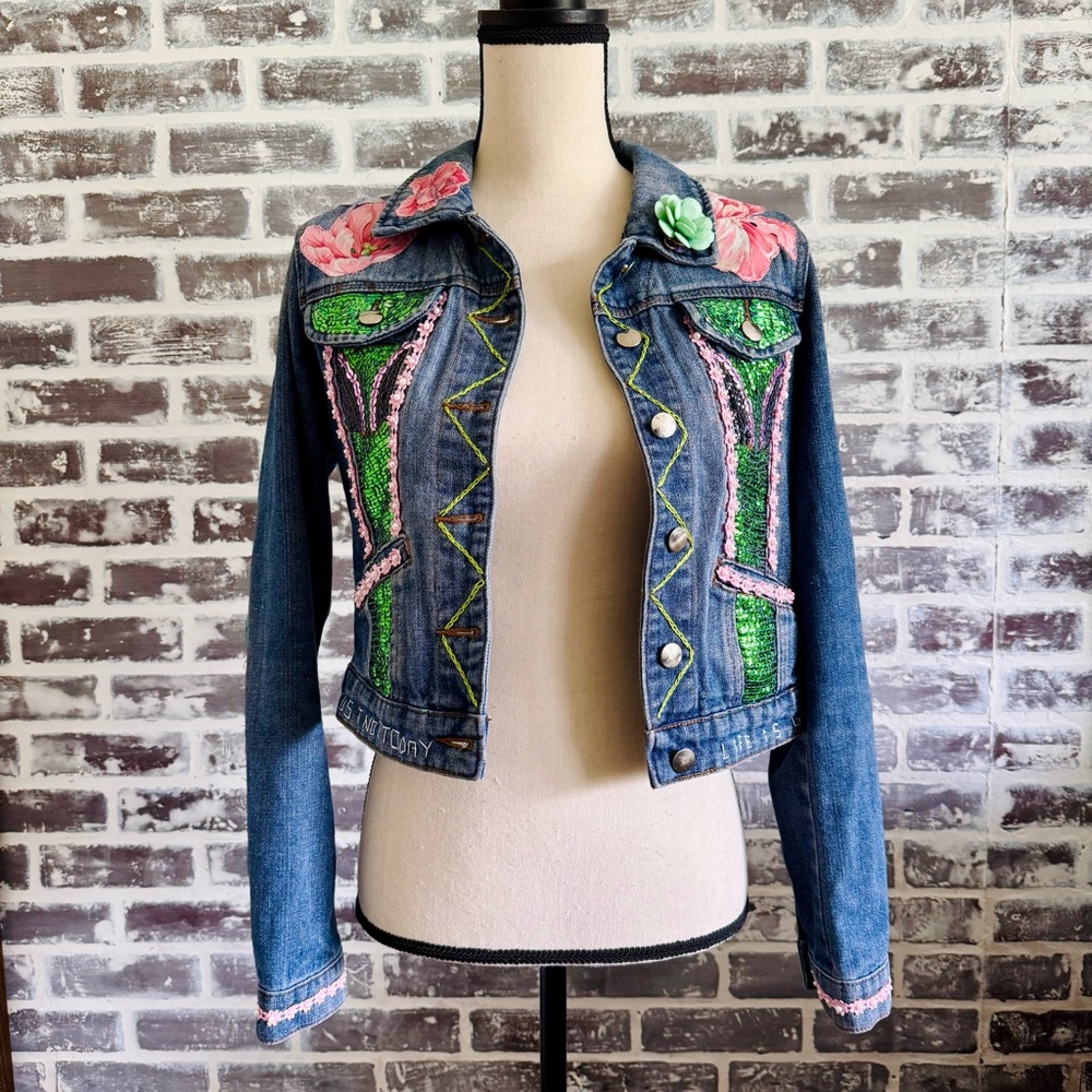 Thread & Supply Blue and Green Jean Jacket with Artistic Flair